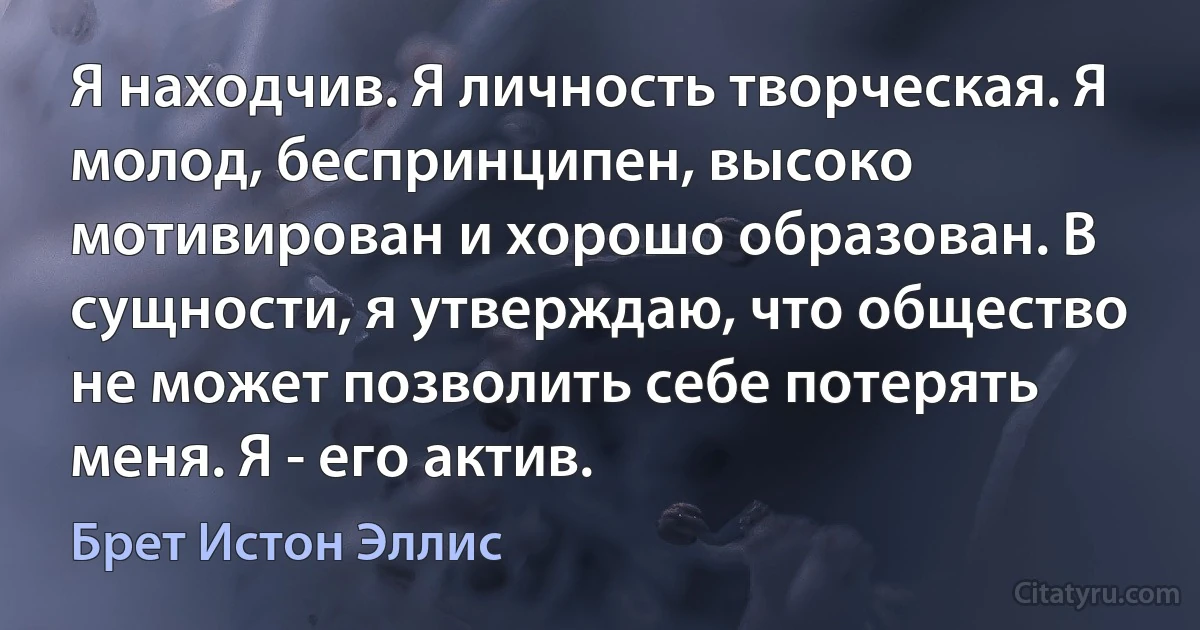 Я находчив. Я личность творческая. Я молод, беспринципен, высоко мотивирован и хорошо образован. В сущности, я утверждаю, что общество не может позволить себе потерять меня. Я - его актив. (Брет Истон Эллис)