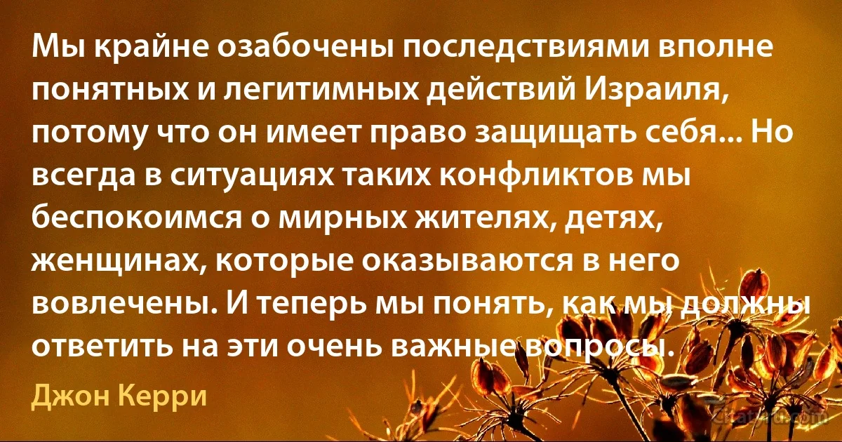 Мы крайне озабочены последствиями вполне понятных и легитимных действий Израиля, потому что он имеет право защищать себя... Но всегда в ситуациях таких конфликтов мы беспокоимся о мирных жителях, детях, женщинах, которые оказываются в него вовлечены. И теперь мы понять, как мы должны ответить на эти очень важные вопросы. (Джон Керри)