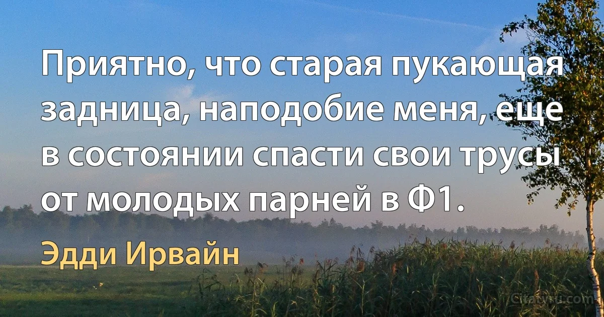 Приятно, что старая пукающая задница, наподобие меня, еще в состоянии спасти свои трусы от молодых парней в Ф1. (Эдди Ирвайн)