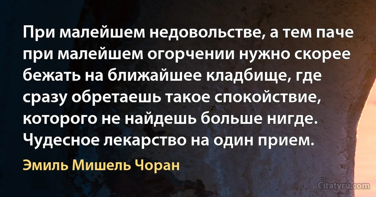 При малейшем недовольстве, а тем паче при малейшем огорчении нужно скорее бежать на ближайшее кладбище, где сразу обретаешь такое спокойствие, которого не найдешь больше нигде. Чудесное лекарство на один прием. (Эмиль Мишель Чоран)