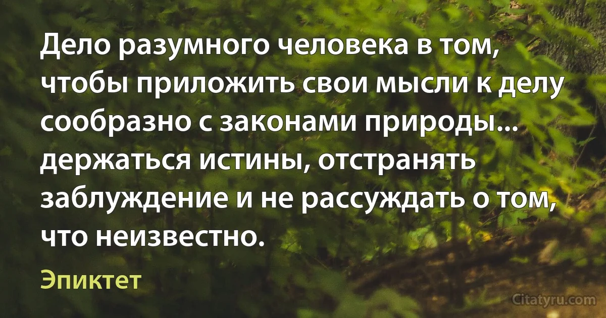 Дело разумного человека в том, чтобы приложить свои мысли к делу сообразно с законами природы... держаться истины, отстранять заблуждение и не рассуждать о том, что неизвестно. (Эпиктет)