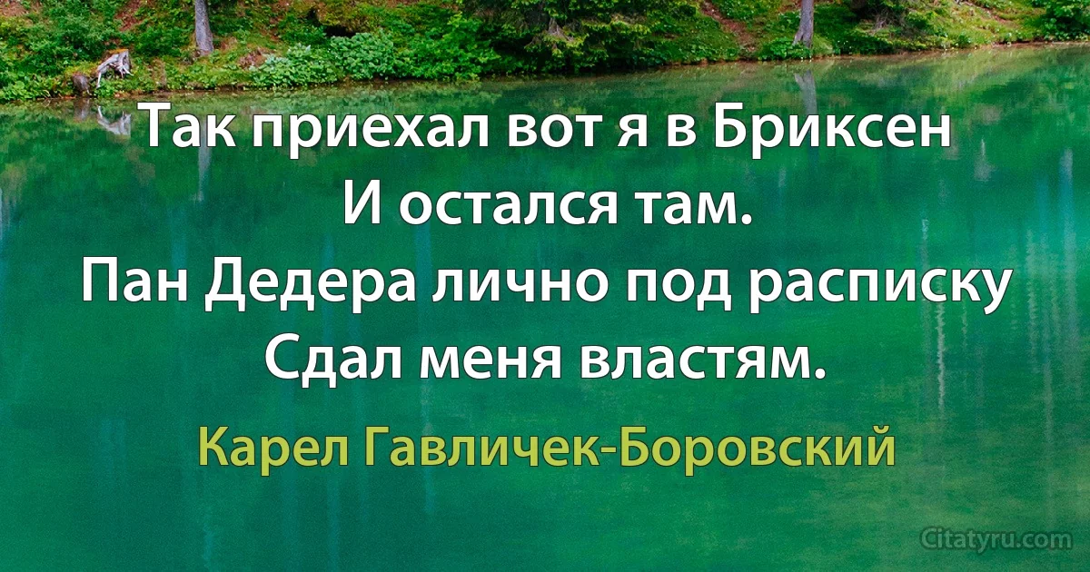 Так приехал вот я в Бриксен
И остался там.
Пан Дедера лично под расписку
Сдал меня властям. (Карел Гавличек-Боровский)