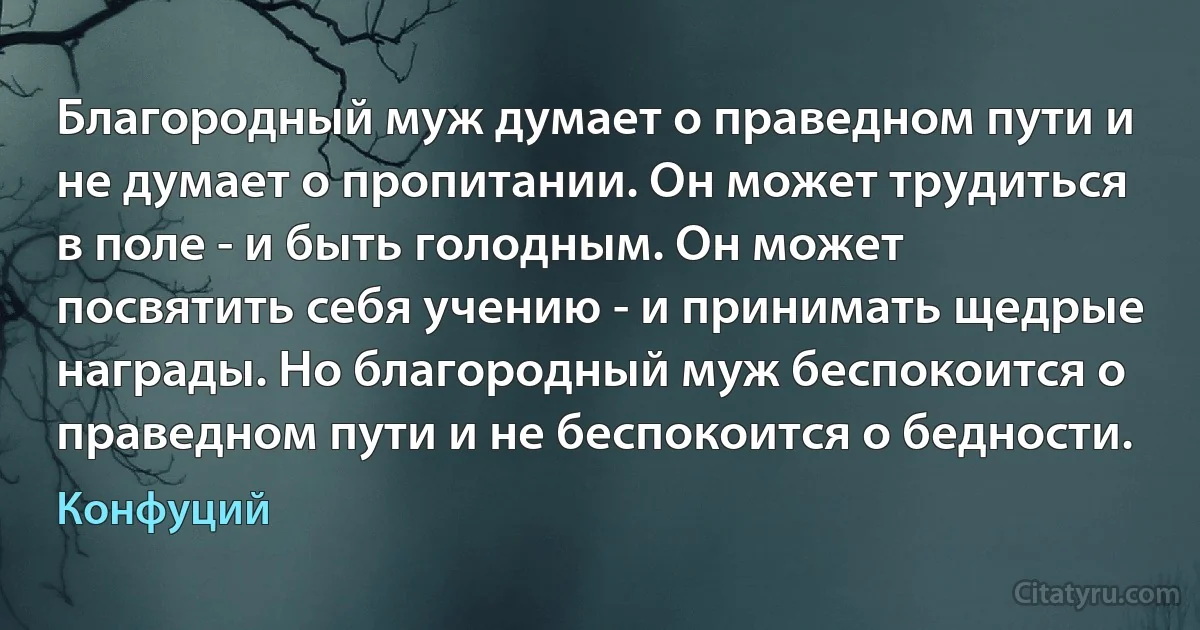 Благородный муж думает о праведном пути и не думает о пропитании. Он может трудиться в поле - и быть голодным. Он может посвятить себя учению - и принимать щедрые награды. Но благородный муж беспокоится о праведном пути и не беспокоится о бедности. (Конфуций)