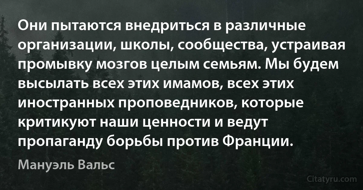 Они пытаются внедриться в различные организации, школы, сообщества, устраивая промывку мозгов целым семьям. Мы будем высылать всех этих имамов, всех этих иностранных проповедников, которые критикуют наши ценности и ведут пропаганду борьбы против Франции. (Мануэль Вальс)