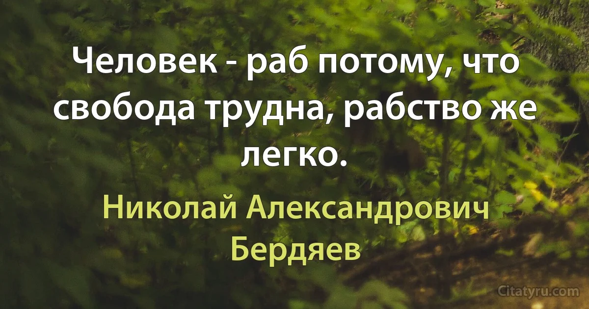 Человек - раб потому, что свобода трудна, рабство же легко. (Николай Александрович Бердяев)