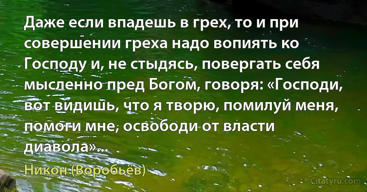 Даже если впадешь в грех, то и при совершении греха надо вопиять ко Господу и, не стыдясь, повергать себя мысленно пред Богом, говоря: «Господи, вот видишь, что я творю, помилуй меня, помоги мне, освободи от власти диавола»... (Никон (Воробьёв))