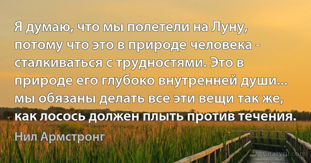 Я думаю, что мы полетели на Луну, потому что это в природе человека - сталкиваться с трудностями. Это в природе его глубоко внутренней души... мы обязаны делать все эти вещи так же, как лосось должен плыть против течения. (Нил Армстронг)