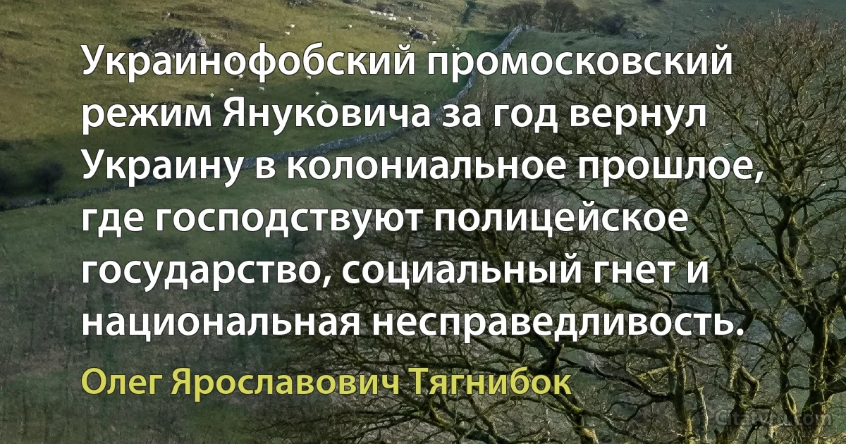 Украинофобский промосковский режим Януковича за год вернул Украину в колониальное прошлое, где господствуют полицейское государство, социальный гнет и национальная несправедливость. (Олег Ярославович Тягнибок)