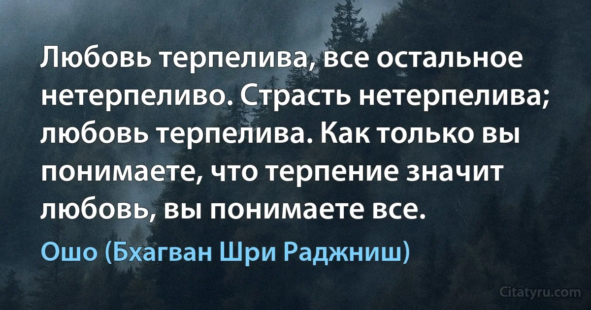 Любовь терпелива, все остальное нетерпеливо. Страсть нетерпелива; любовь терпелива. Как только вы понимаете, что терпение значит любовь, вы понимаете все. (Ошо (Бхагван Шри Раджниш))