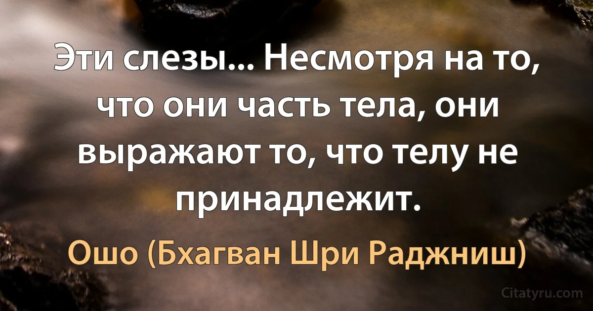 Эти слезы... Несмотря на то, что они часть тела, они выражают то, что телу не принадлежит. (Ошо (Бхагван Шри Раджниш))