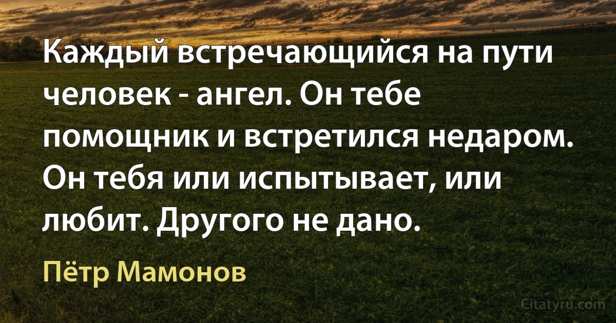 Каждый встречающийся на пути человек - ангел. Он тебе помощник и встретился недаром. Он тебя или испытывает, или любит. Другого не дано. (Пётр Мамонов)