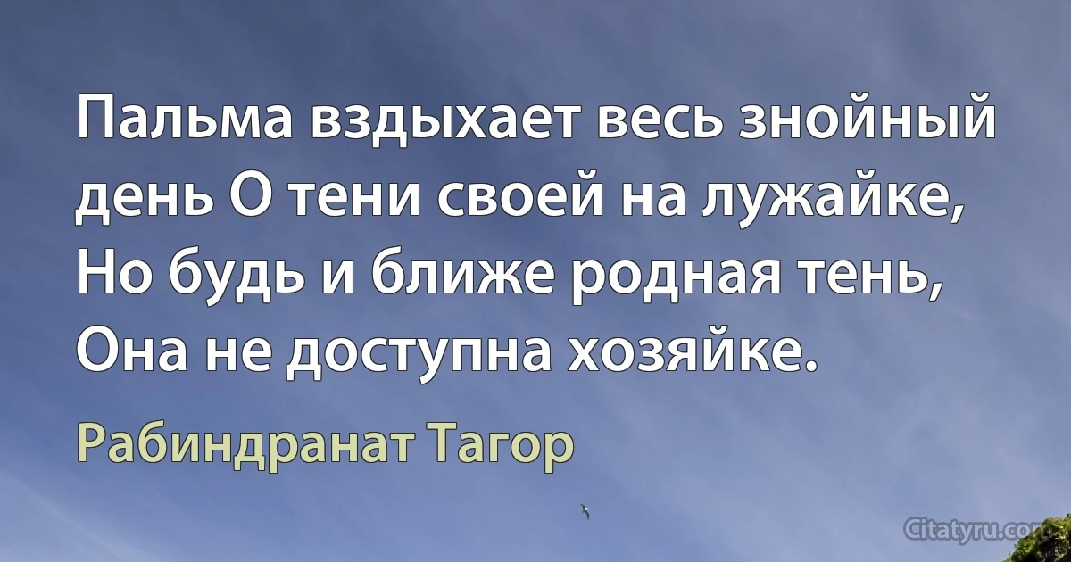 Пальма вздыхает весь знойный день О тени своей на лужайке, Но будь и ближе родная тень, Она не доступна хозяйке. (Рабиндранат Тагор)