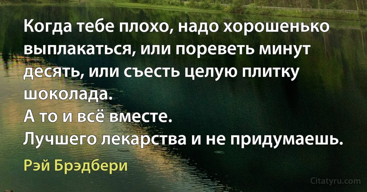 Когда тебе плохо, надо хорошенько выплакаться, или пореветь минут десять, или съесть целую плитку шоколада.
А то и всё вместе.
Лучшего лекарства и не придумаешь. (Рэй Брэдбери)