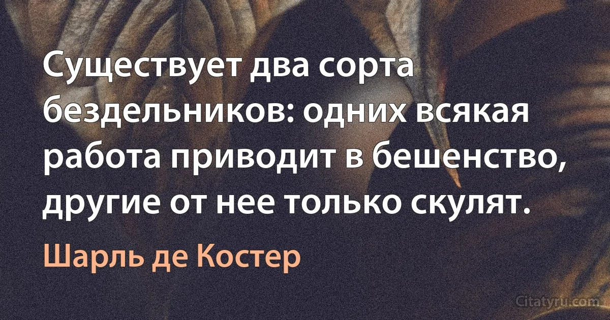 Существует два сорта бездельников: одних всякая работа приводит в бешенство, другие от нее только скулят. (Шарль де Костер)