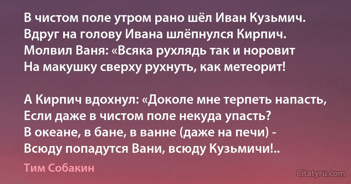 В чистом поле утром рано шёл Иван Кузьмич.
Вдруг на голову Ивана шлёпнулся Кирпич.
Молвил Ваня: «Всяка рухлядь так и норовит
На макушку сверху рухнуть, как метеорит!

А Кирпич вдохнул: «Доколе мне терпеть напасть,
Если даже в чистом поле некуда упасть?
В океане, в бане, в ванне (даже на печи) -
Всюду попадутся Вани, всюду Кузьмичи!.. (Тим Собакин)