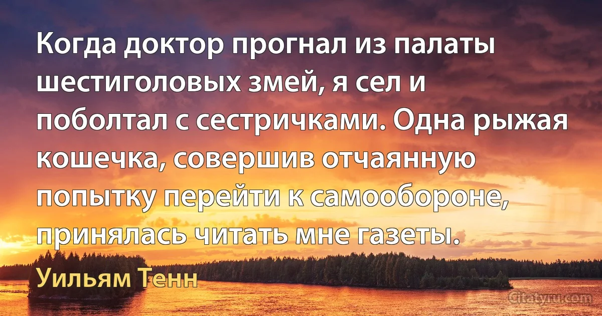 Когда доктор прогнал из палаты шестиголовых змей, я сел и поболтал с сестричками. Одна рыжая кошечка, совершив отчаянную попытку перейти к самообороне, принялась читать мне газеты. (Уильям Тенн)