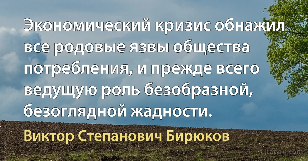 Экономический кризис обнажил все родовые язвы общества потребления, и прежде всего ведущую роль безобразной, безоглядной жадности. (Виктор Степанович Бирюков)