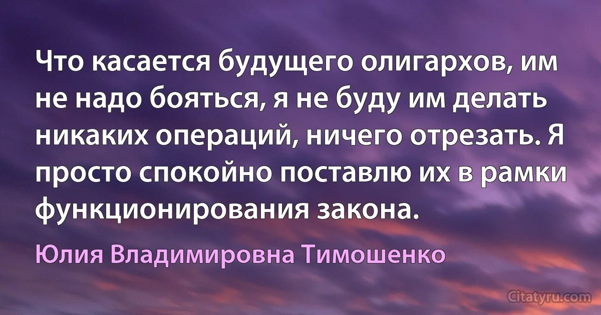 Что касается будущего олигархов, им не надо бояться, я не буду им делать никаких операций, ничего отрезать. Я просто спокойно поставлю их в рамки функционирования закона. (Юлия Владимировна Тимошенко)