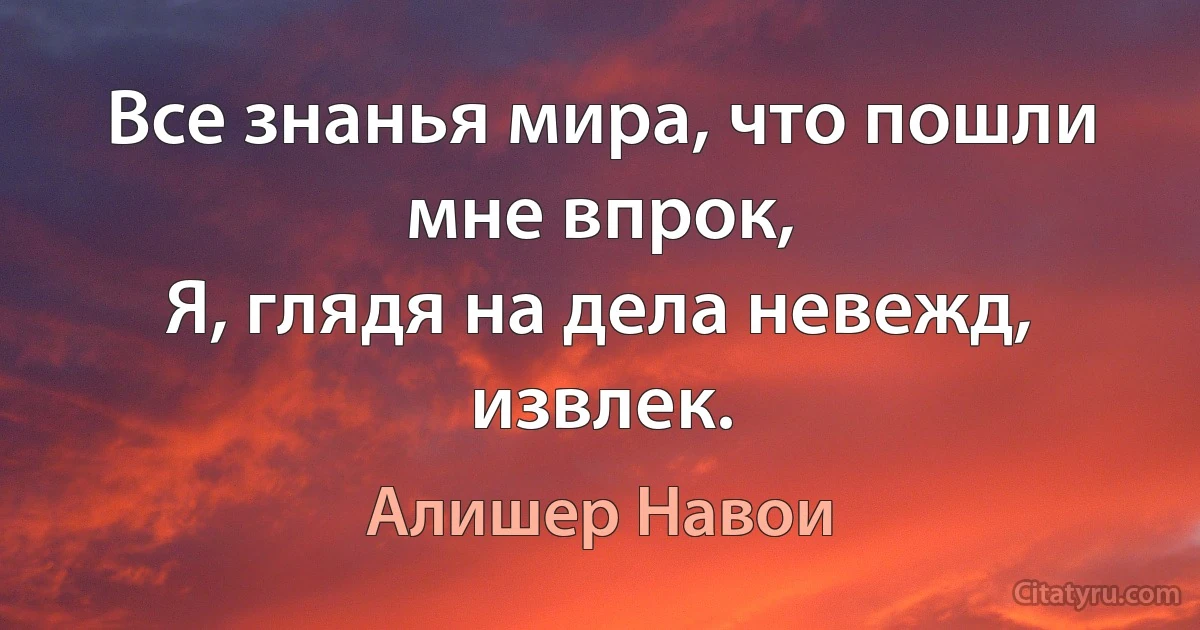 Все знанья мира, что пошли мне впрок,
Я, глядя на дела невежд, извлек. (Алишер Навои)