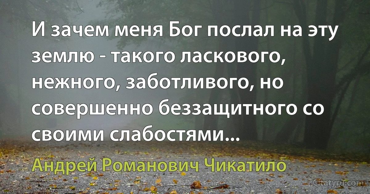 И зачем меня Бог послал на эту землю - такого ласкового, нежного, заботливого, но совершенно беззащитного со своими слабостями... (Андрей Романович Чикатило)