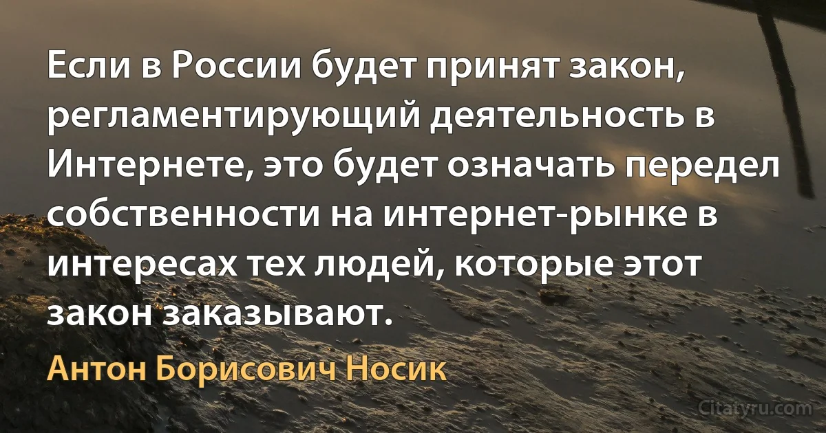 Если в России будет принят закон, регламентирующий деятельность в Интернете, это будет означать передел собственности на интернет-рынке в интересах тех людей, которые этот закон заказывают. (Антон Борисович Носик)