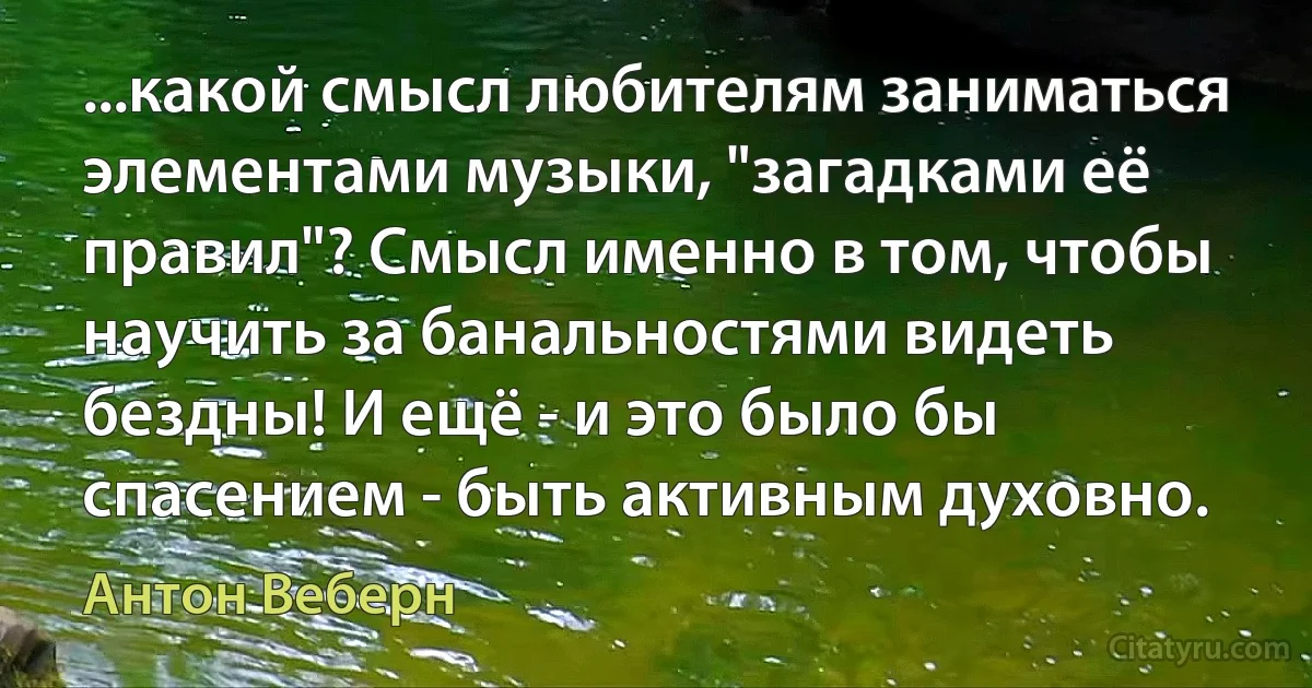 ...какой смысл любителям заниматься элементами музыки, "загадками её правил"? Смысл именно в том, чтобы научить за банальностями видеть бездны! И ещё - и это было бы спасением - быть активным духовно. (Антон Веберн)