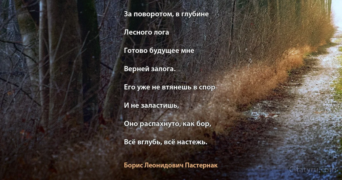 За поворотом, в глубине

Лесного лога

Готово будущее мне

Верней залога.

Его уже не втянешь в спор

И не заластишь,

Оно распахнуто, как бор,

Всё вглубь, всё настежь. (Борис Леонидович Пастернак)