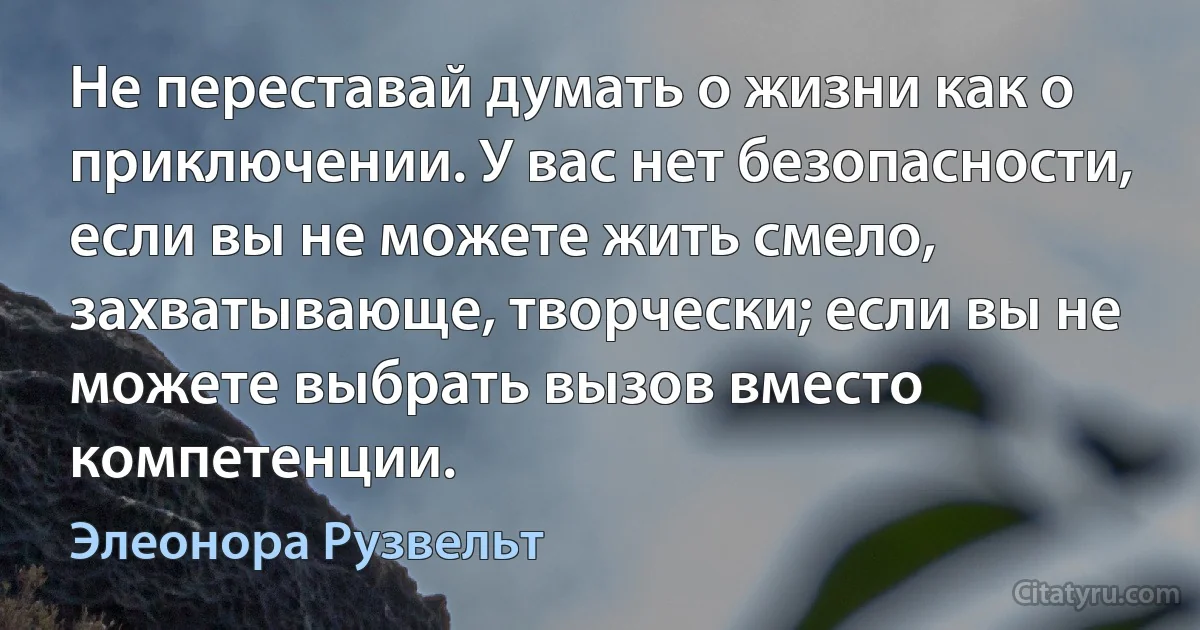 Не переставай думать о жизни как о приключении. У вас нет безопасности, если вы не можете жить смело, захватывающе, творчески; если вы не можете выбрать вызов вместо компетенции. (Элеонора Рузвельт)