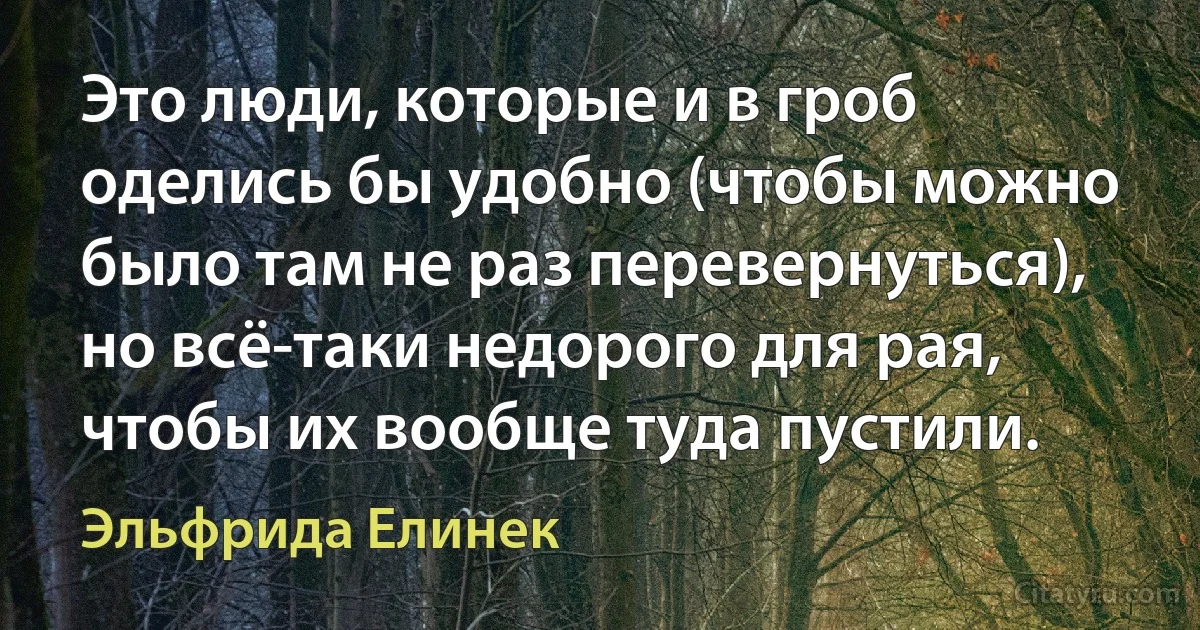 Это люди, которые и в гроб оделись бы удобно (чтобы можно было там не раз перевернуться), но всё-таки недорого для рая, чтобы их вообще туда пустили. (Эльфрида Елинек)