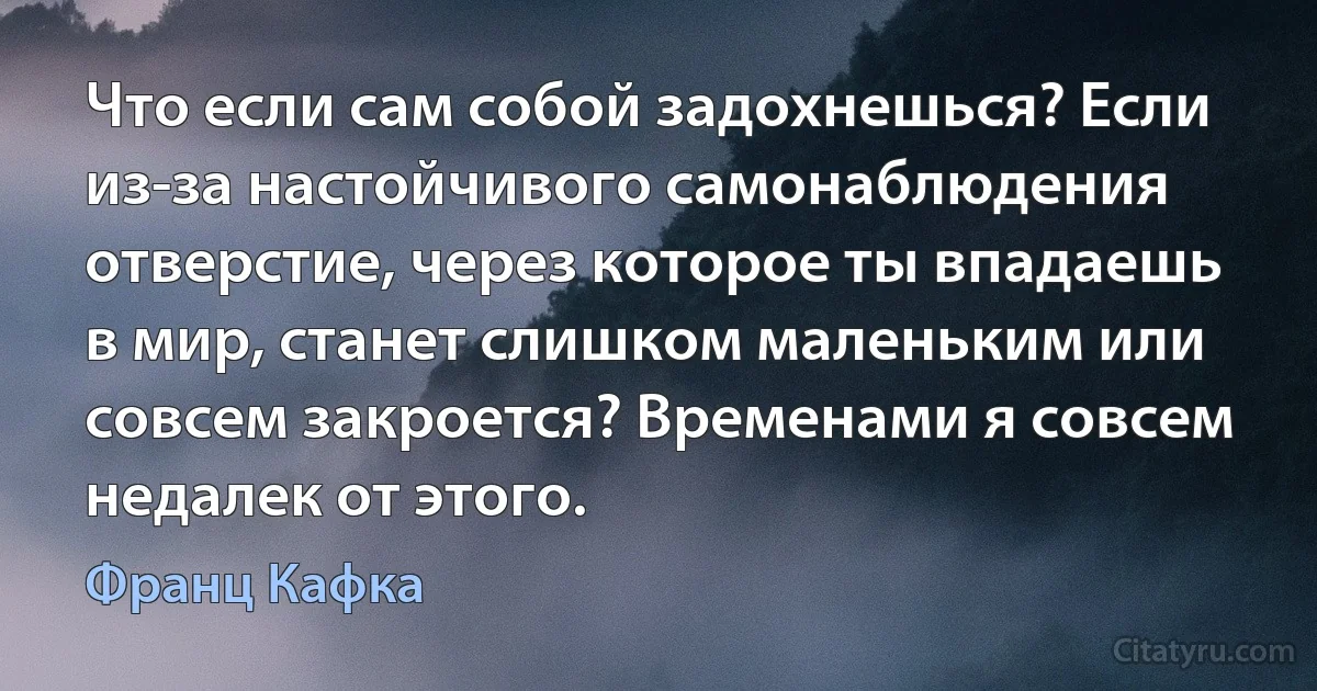 Что если сам собой задохнешься? Если из-за настойчивого самонаблюдения отверстие, через которое ты впадаешь в мир, станет слишком маленьким или совсем закроется? Временами я совсем недалек от этого. (Франц Кафка)