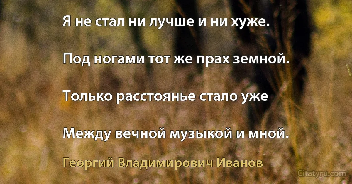 Я не стал ни лучше и ни хуже.

Под ногами тот же прах земной.

Только расстоянье стало уже

Между вечной музыкой и мной. (Георгий Владимирович Иванов)