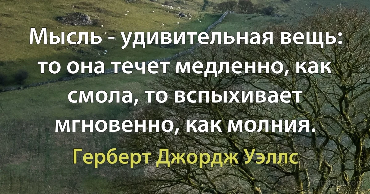 Мысль - удивительная вещь: то она течет медленно, как смола, то вспыхивает мгновенно, как молния. (Герберт Джордж Уэллс)