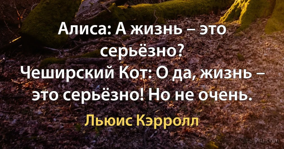 Алиса: А жизнь – это серьёзно?
Чеширский Кот: О да, жизнь – это серьёзно! Но не очень. (Льюис Кэрролл)