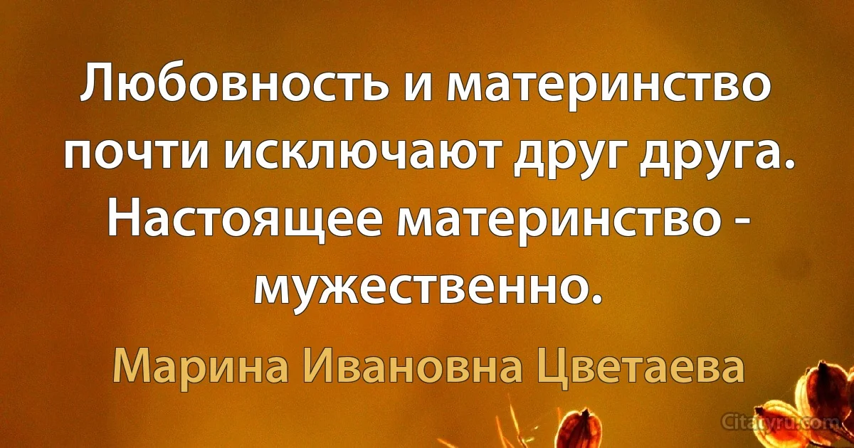 Любовность и материнство почти исключают друг друга. Настоящее материнство - мужественно. (Марина Ивановна Цветаева)