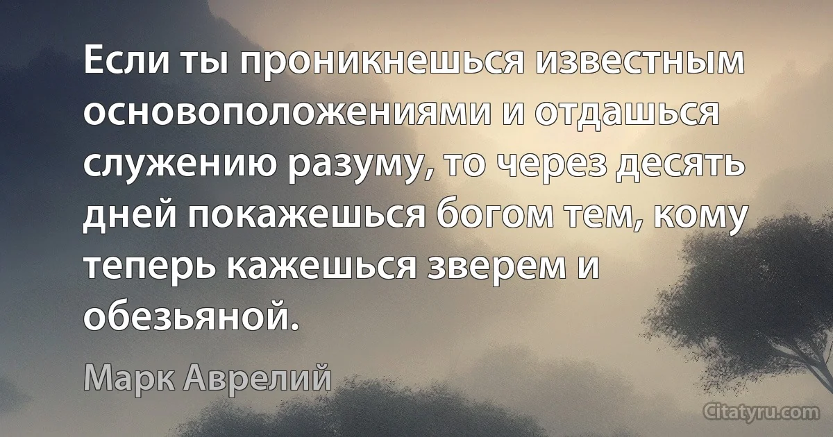 Если ты проникнешься известным основоположениями и отдашься служению разуму, то через десять дней покажешься богом тем, кому теперь кажешься зверем и обезьяной. (Марк Аврелий)