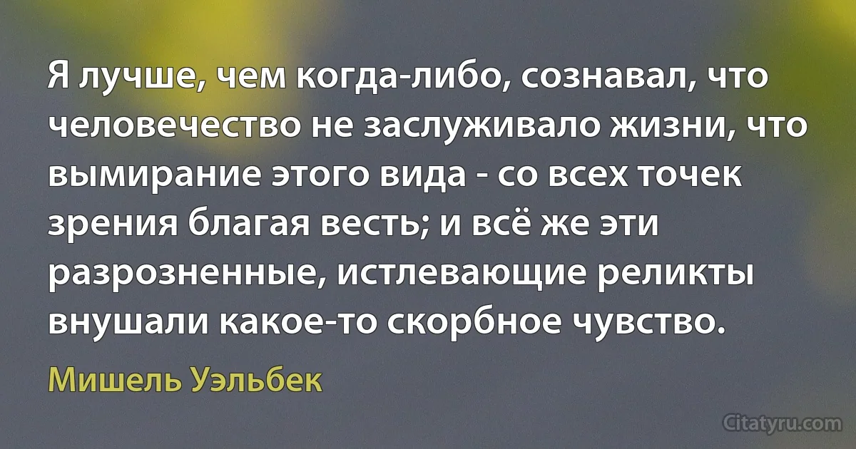 Я лучше, чем когда-либо, сознавал, что человечество не заслуживало жизни, что вымирание этого вида - со всех точек зрения благая весть; и всё же эти разрозненные, истлевающие реликты внушали какое-то скорбное чувство. (Мишель Уэльбек)