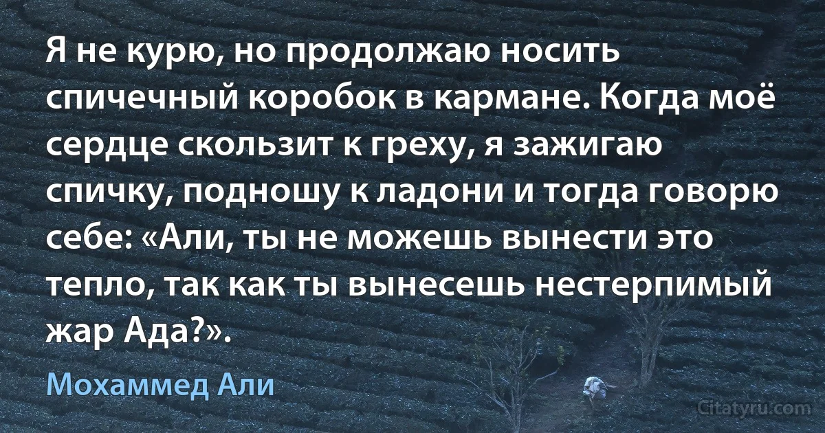 Я не курю, но продолжаю носить спичечный коробок в кармане. Когда моё сердце скользит к греху, я зажигаю спичку, подношу к ладони и тогда говорю себе: «Али, ты не можешь вынести это тепло, так как ты вынесешь нестерпимый жар Ада?». (Мохаммед Али)