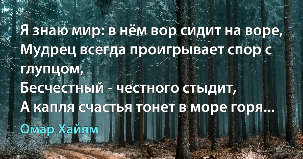 Я знаю мир: в нём вор сидит на воре,
Мудрец всегда проигрывает спор с глупцом,
Бесчестный - честного стыдит,
А капля счастья тонет в море горя... (Омар Хайям)