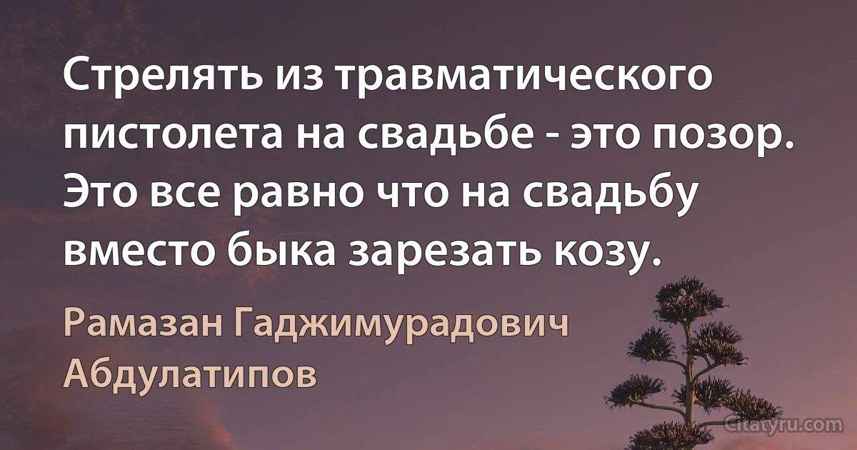 Стрелять из травматического пистолета на свадьбе - это позор. Это все равно что на свадьбу вместо быка зарезать козу. (Рамазан Гаджимурадович Абдулатипов)