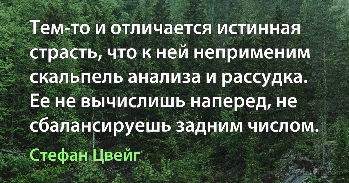 Тем-то и отличается истинная страсть, что к ней неприменим скальпель анализа и рассудка. Ее не вычислишь наперед, не сбалансируешь задним числом. (Стефан Цвейг)