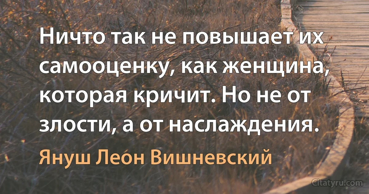 Ничто так не повышает их самооценку, как женщина, которая кричит. Но не от злости, а от наслаждения. (Януш Леон Вишневский)