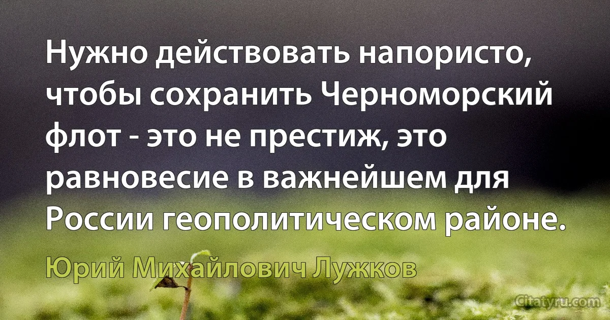 Нужно действовать напористо, чтобы сохранить Черноморский флот - это не престиж, это равновесие в важнейшем для России геополитическом районе. (Юрий Михайлович Лужков)