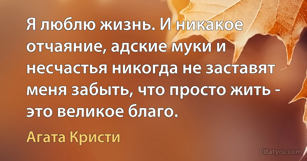 Я люблю жизнь. И никакое отчаяние, адские муки и несчастья никогда не заставят меня забыть, что просто жить - это великое благо. (Агата Кристи)