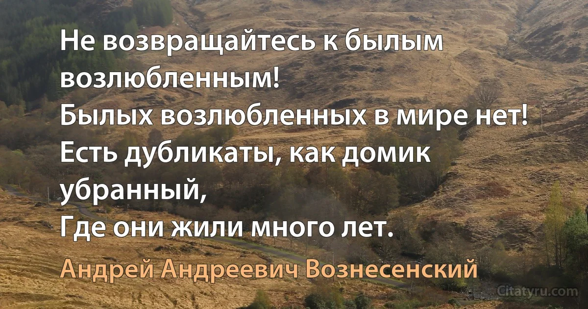 Не возвращайтесь к былым возлюбленным!
Былых возлюбленных в мире нет!
Есть дубликаты, как домик убранный,
Где они жили много лет. (Андрей Андреевич Вознесенский)