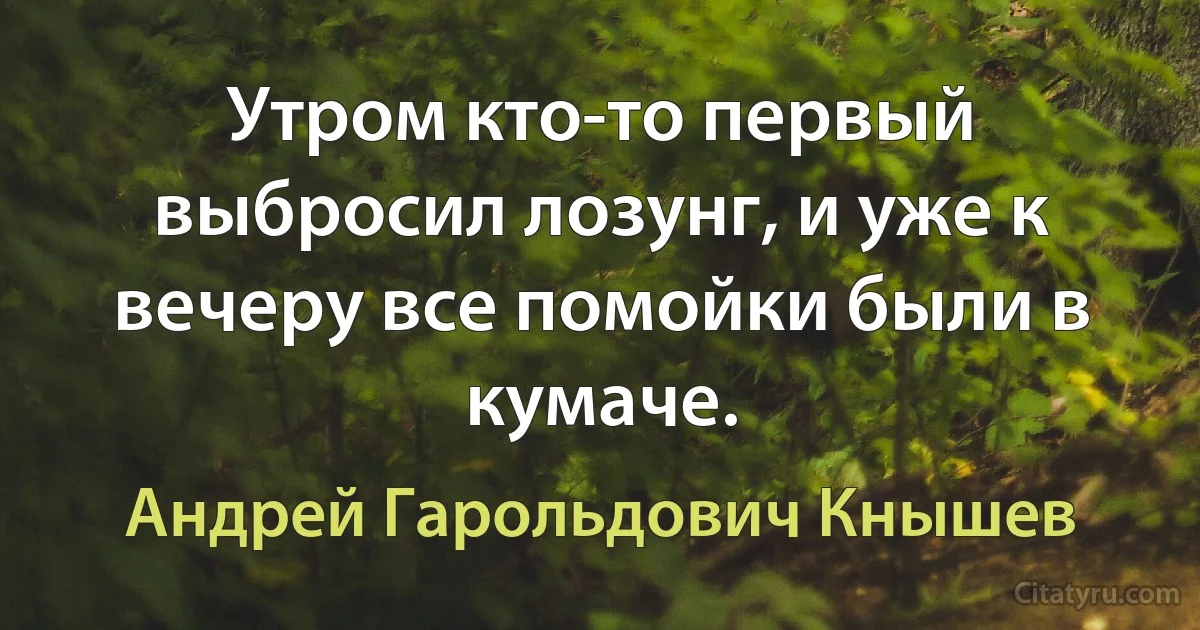 Утром кто-то первый выбросил лозунг, и уже к вечеру все помойки были в кумаче. (Андрей Гарольдович Кнышев)