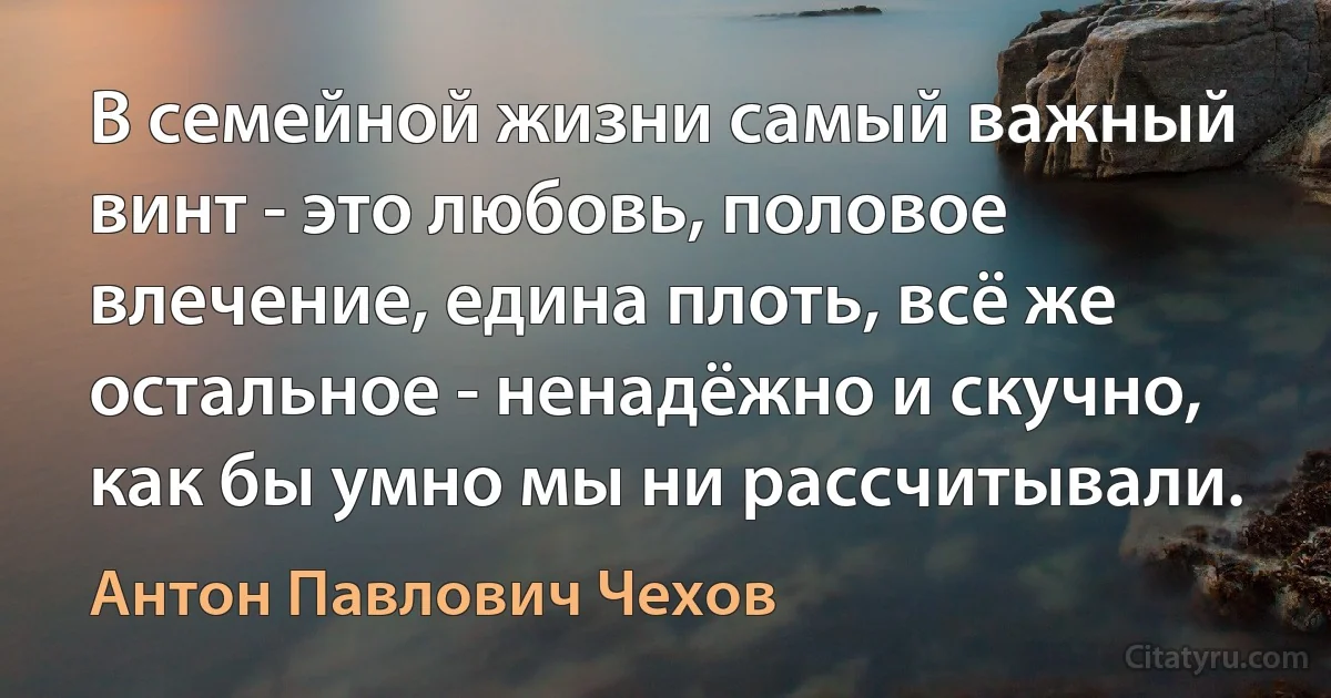 В семейной жизни самый важный винт - это любовь, половое влечение, едина плоть, всё же остальное - ненадёжно и скучно, как бы умно мы ни рассчитывали. (Антон Павлович Чехов)