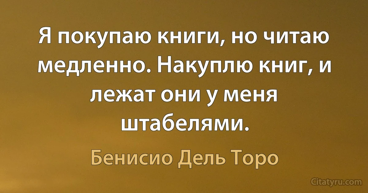 Я покупаю книги, но читаю медленно. Накуплю книг, и лежат они у меня штабелями. (Бенисио Дель Торо)