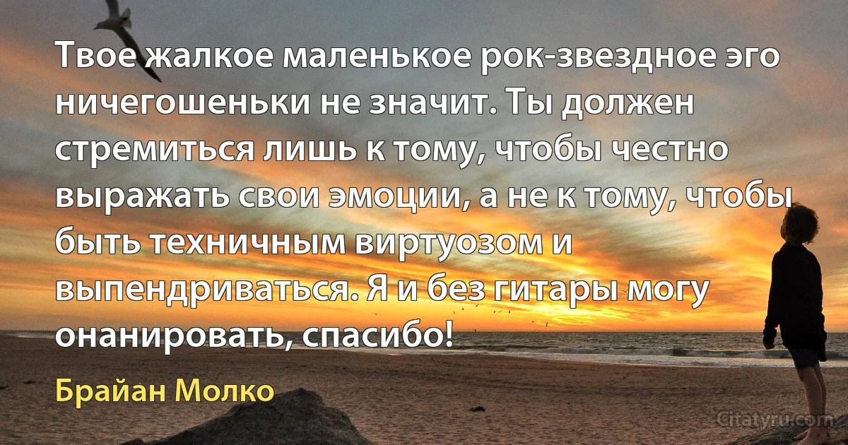 Твое жалкое маленькое рок-звездное эго ничегошеньки не значит. Ты должен стремиться лишь к тому, чтобы честно выражать свои эмоции, а не к тому, чтобы быть техничным виртуозом и выпендриваться. Я и без гитары могу онанировать, спасибо! (Брайан Молко)