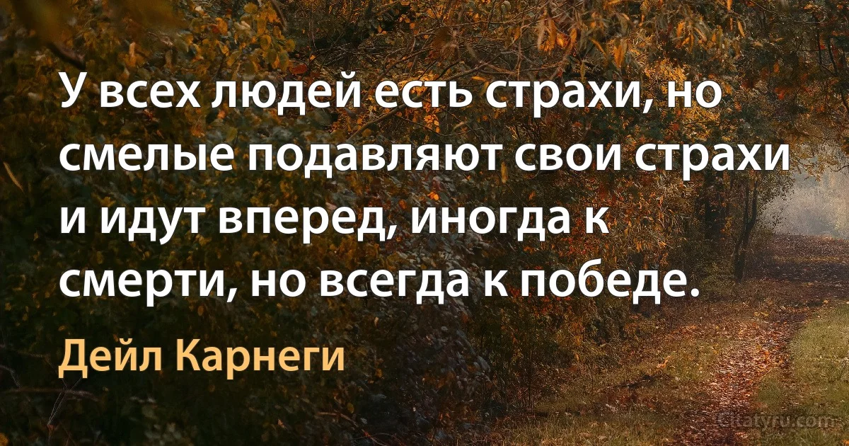 У всех людей есть страхи, но смелые подавляют свои страхи и идут вперед, иногда к смерти, но всегда к победе. (Дейл Карнеги)