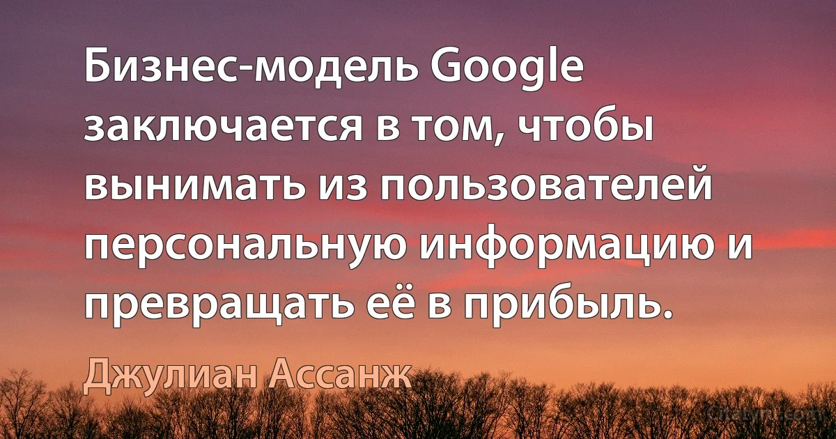 Бизнес-модель Google заключается в том, чтобы вынимать из пользователей персональную информацию и превращать её в прибыль. (Джулиан Ассанж)